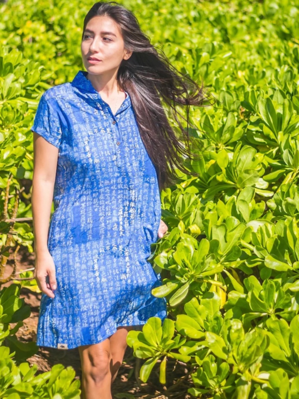 Western Aloha Placket Dress Heart Sutra with Sea Turtle by Mayumi Oda